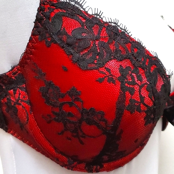 Bra & (2) Panty Set Sizes 38C/1x Red & Blk Lace By Delicates - Picture 9 of 17